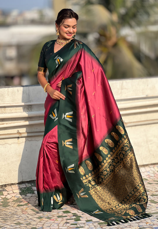 Cherry Banarasi Silk Blend Saree With Blouse Piece