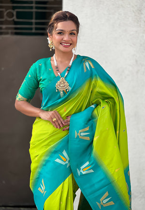 Lime Banarasi Silk Blend Saree With Blouse Piece