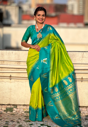 Lime Banarasi Silk Blend Saree With Blouse Piece