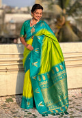 Lime Banarasi Silk Blend Saree With Blouse Piece