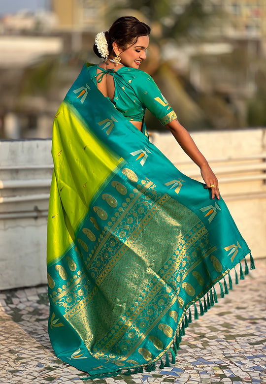 Lime Banarasi Silk Blend Saree With Blouse Piece