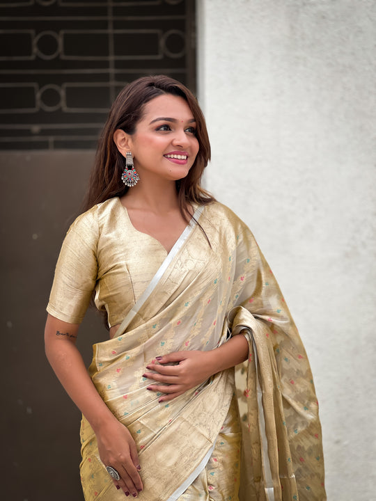 Yellow Banarasi Silk Blend Saree With Blouse Piece