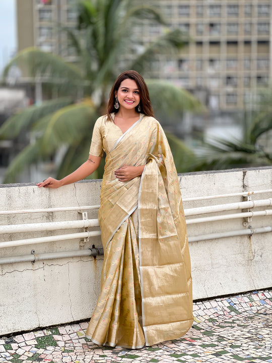 Yellow Banarasi Silk Blend Saree With Blouse Piece