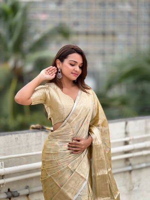 Yellow Banarasi Silk Blend Saree With Blouse Piece