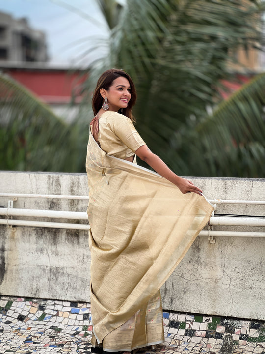 Yellow Banarasi Silk Blend Saree With Blouse Piece