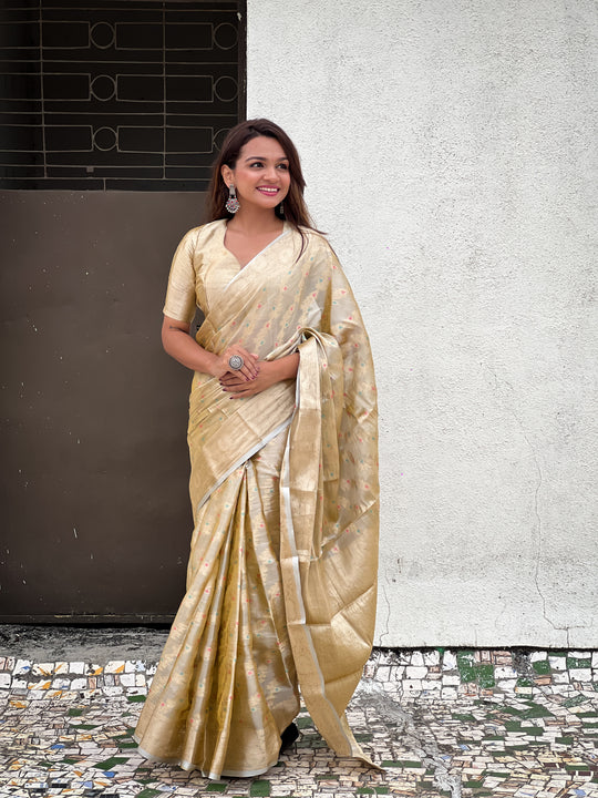 Yellow Banarasi Silk Blend Saree With Blouse Piece