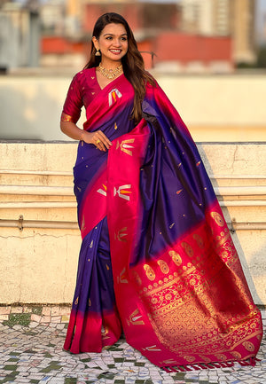 Blue Banarasi Silk Blend Saree With Blouse Piece