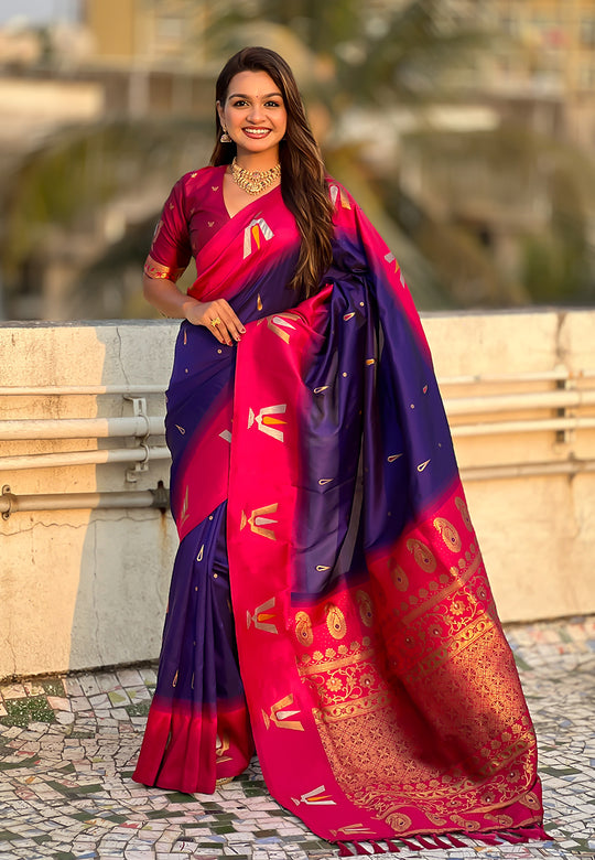 Blue Banarasi Silk Blend Saree With Blouse Piece