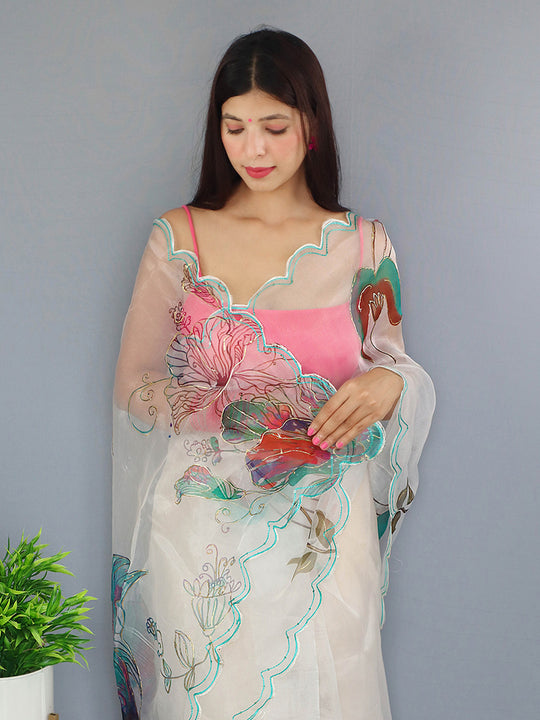 Off White Organza Saree With Blouse Piece