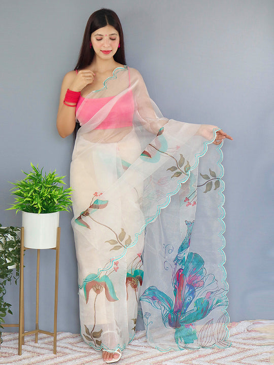 Off White Organza Saree With Blouse Piece