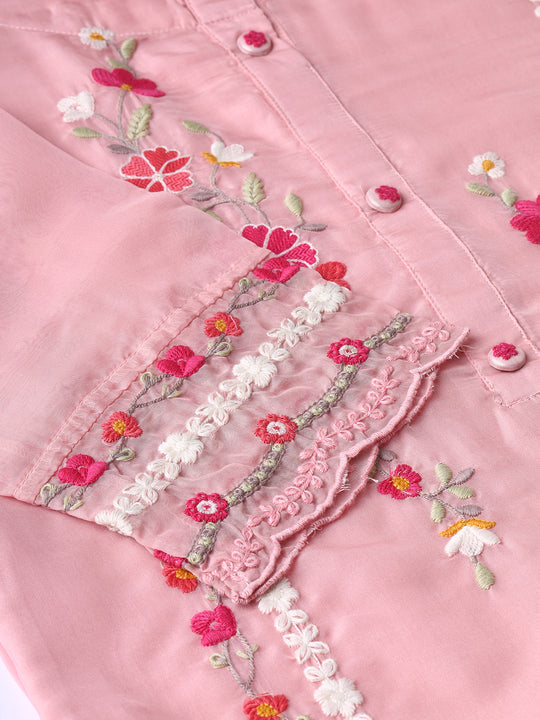 Floral Embroidered Round Neck Thread Work Straight Kurta with Trousers & Dupatta