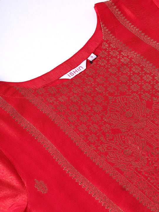 Ethnic Motifs woven design round Neck Three-Quarter Sleeves Kurta Set