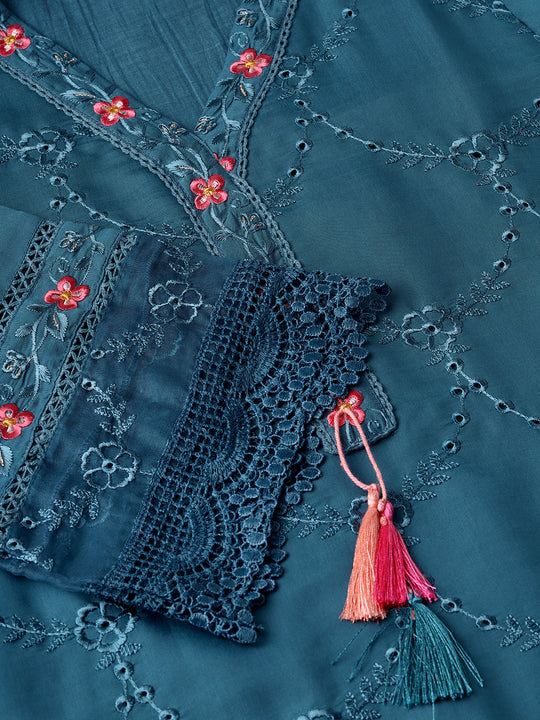 Floral Embroidered Regular Thread Work Pure Cotton Kurta with Trousers & Dupatta