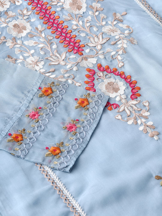 Floral Embroidered Round Neck Three-Quarter Sleeves Thread Work Kurta Set