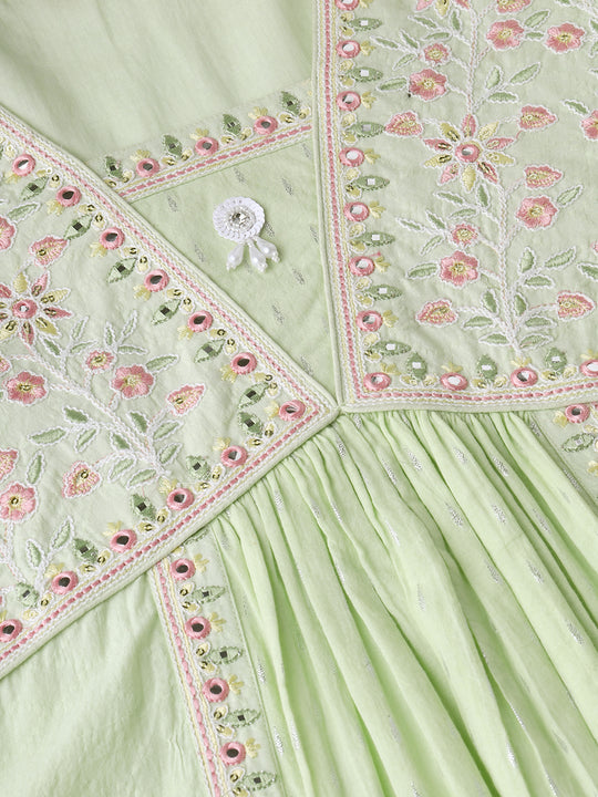 Floral Embroidered V-Neck Three-Quarter Sleeves Sequinned Pure Cotton Kurta Set