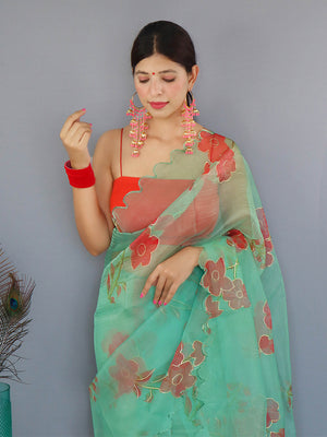 Green Organza Saree With Blouse Piece