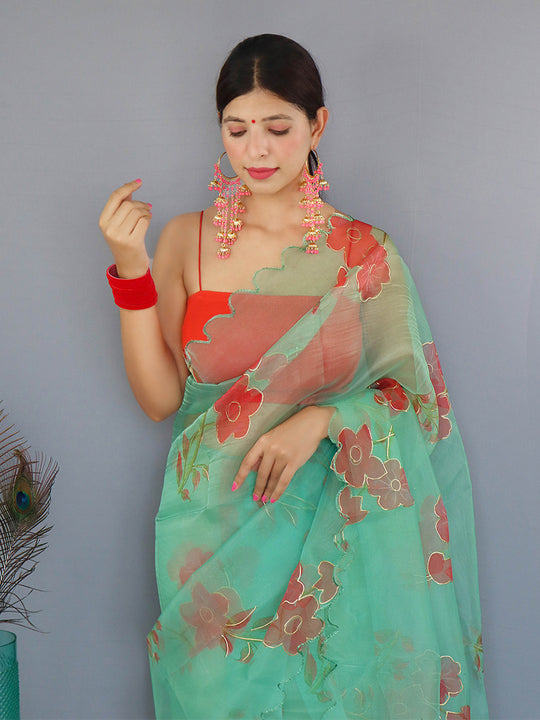 Green Organza Saree With Blouse Piece