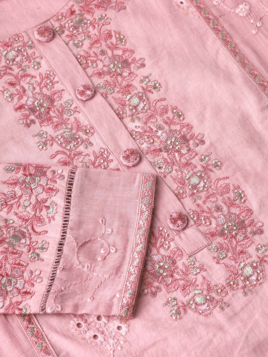 Floral Embroidered Thread Work Pure Cotton Straight Kurta with Palazzos & Dupatta