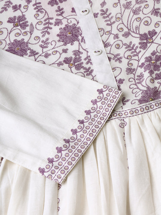 Floral Embroidered Round Neck Three-Quarter Sleeves Pure Cotton Kurta Set