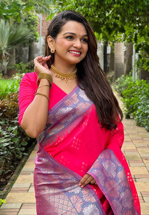 Pink Banarasi Silk Blend Saree With Blouse Piece