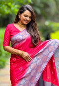 Pink Banarasi Silk Blend Saree With Blouse Piece