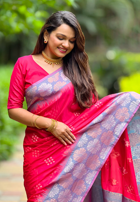 Pink Banarasi Silk Blend Saree With Blouse Piece