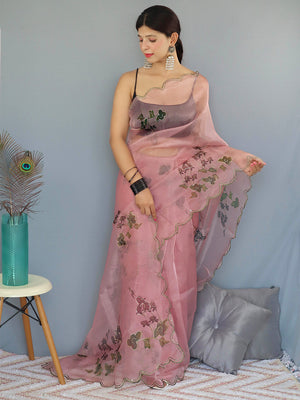 Peach Organza Saree With Blouse Piece