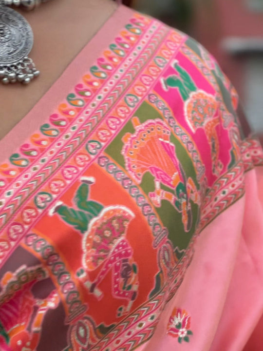 Pink Banarasi Silk Blend Saree With Blouse Piece