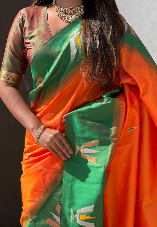 Orange Banarasi Silk Blend Saree With Blouse Piece