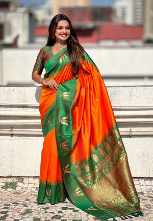 Orange Banarasi Silk Blend Saree With Blouse Piece