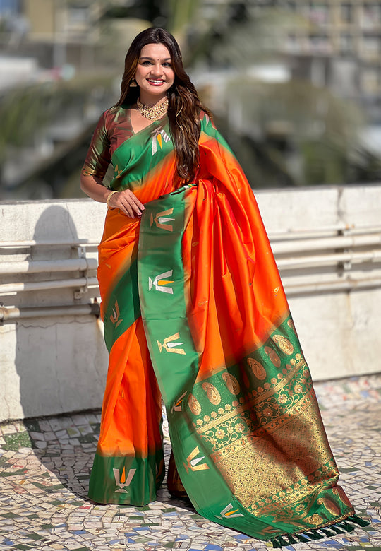 Orange Banarasi Silk Blend Saree With Blouse Piece