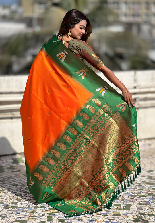Orange Banarasi Silk Blend Saree With Blouse Piece
