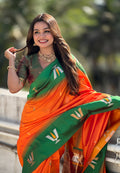 Orange Banarasi Silk Blend Saree With Blouse Piece