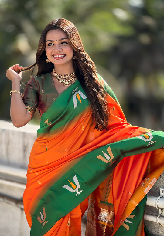 Orange Banarasi Silk Blend Saree With Blouse Piece