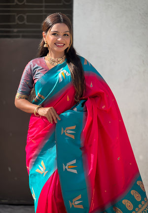 Pink Banarasi Silk Blend Saree With Blouse Piece