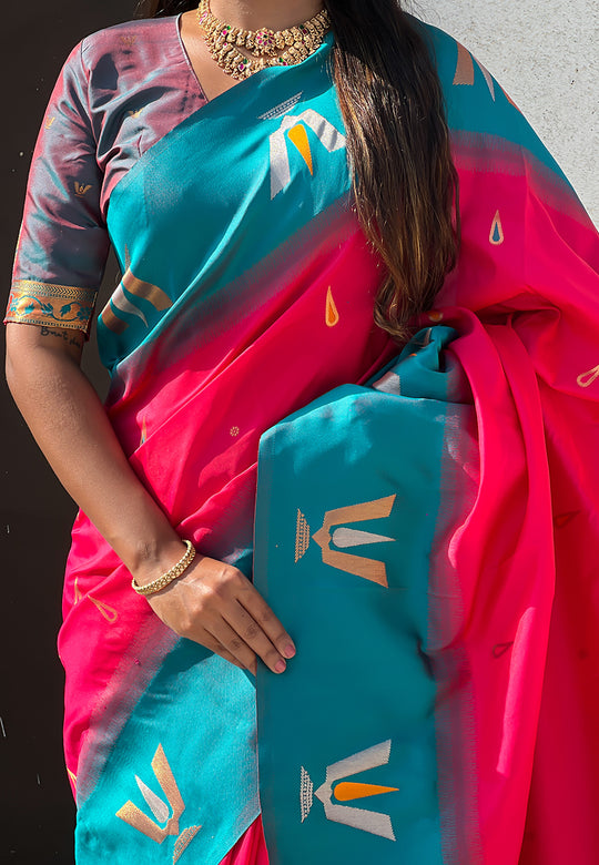 Pink Banarasi Silk Blend Saree With Blouse Piece
