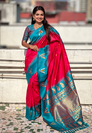 Pink Banarasi Silk Blend Saree With Blouse Piece