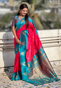 Pink Banarasi Silk Blend Saree With Blouse Piece