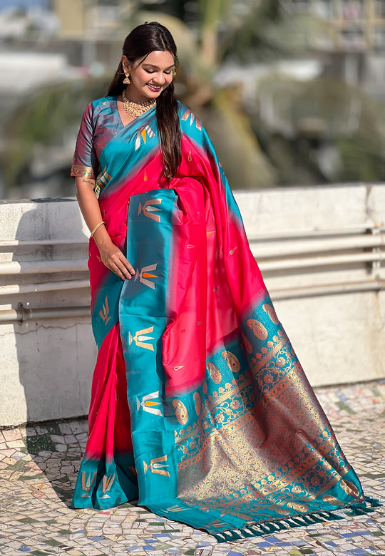 Pink Banarasi Silk Blend Saree With Blouse Piece