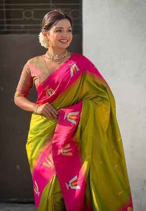 Mehandi Banarasi Silk Blend Saree With Blouse Piece