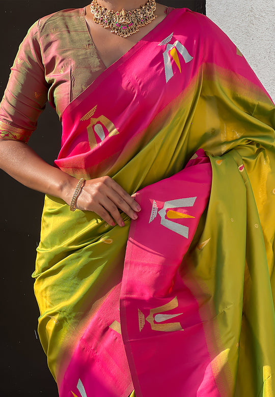 Mehandi Banarasi Silk Blend Saree With Blouse Piece