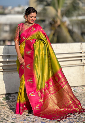 Mehandi Banarasi Silk Blend Saree With Blouse Piece