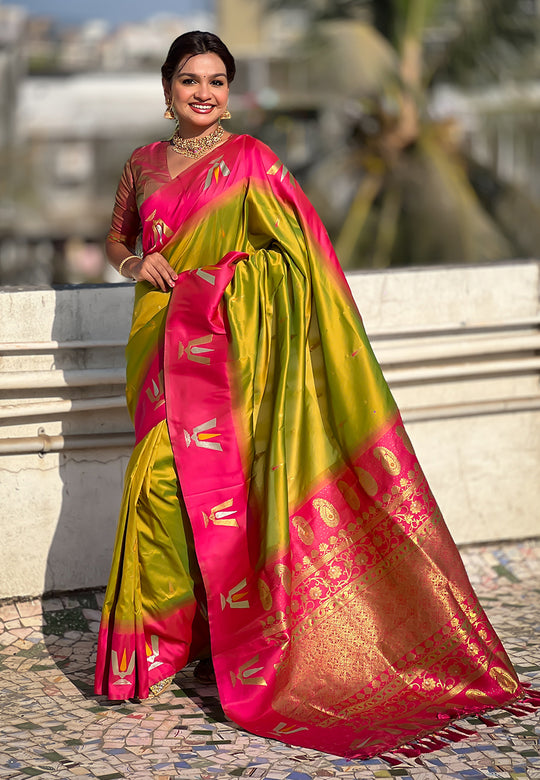 Mehandi Banarasi Silk Blend Saree With Blouse Piece