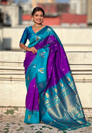 Purple Banarasi Silk Blend Saree With Blouse Piece
