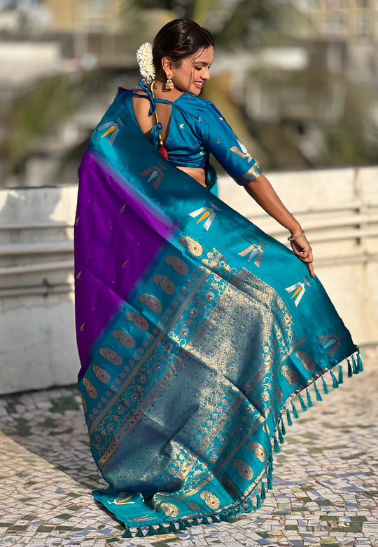 Purple Banarasi Silk Blend Saree With Blouse Piece