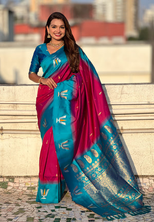 Wine Banarasi Silk Blend Saree With Blouse Piece