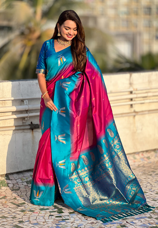 Wine Banarasi Silk Blend Saree With Blouse Piece