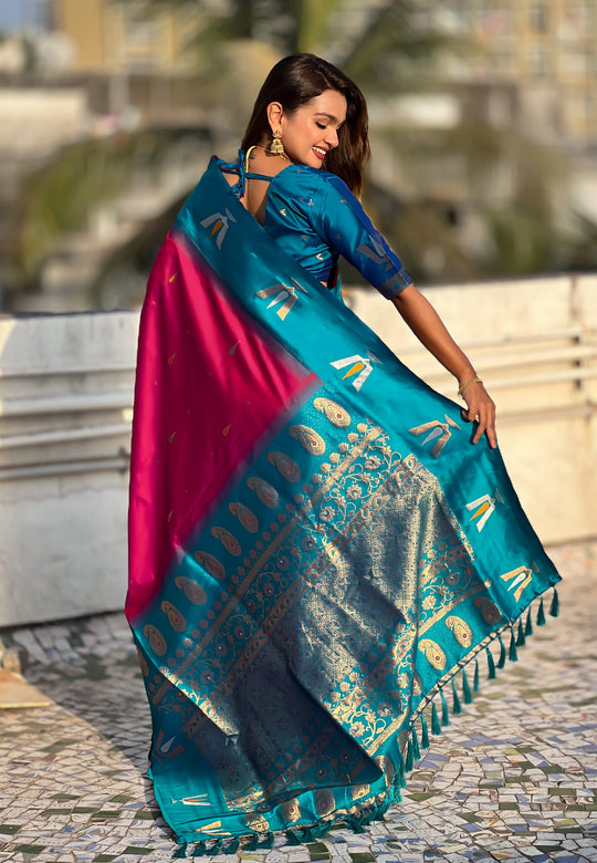 Wine Banarasi Silk Blend Saree With Blouse Piece