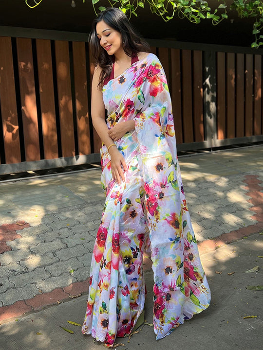 White Satin Saree With Blouse Piece