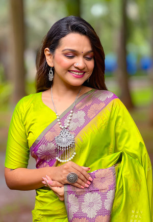 Lemon Banarasi Silk Blend Saree With Blouse Piece